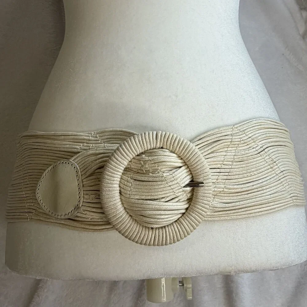 Coldwater Creek Ivory Wide Woven Cotton Belt Faux‎ Leather Accents Statement S/M